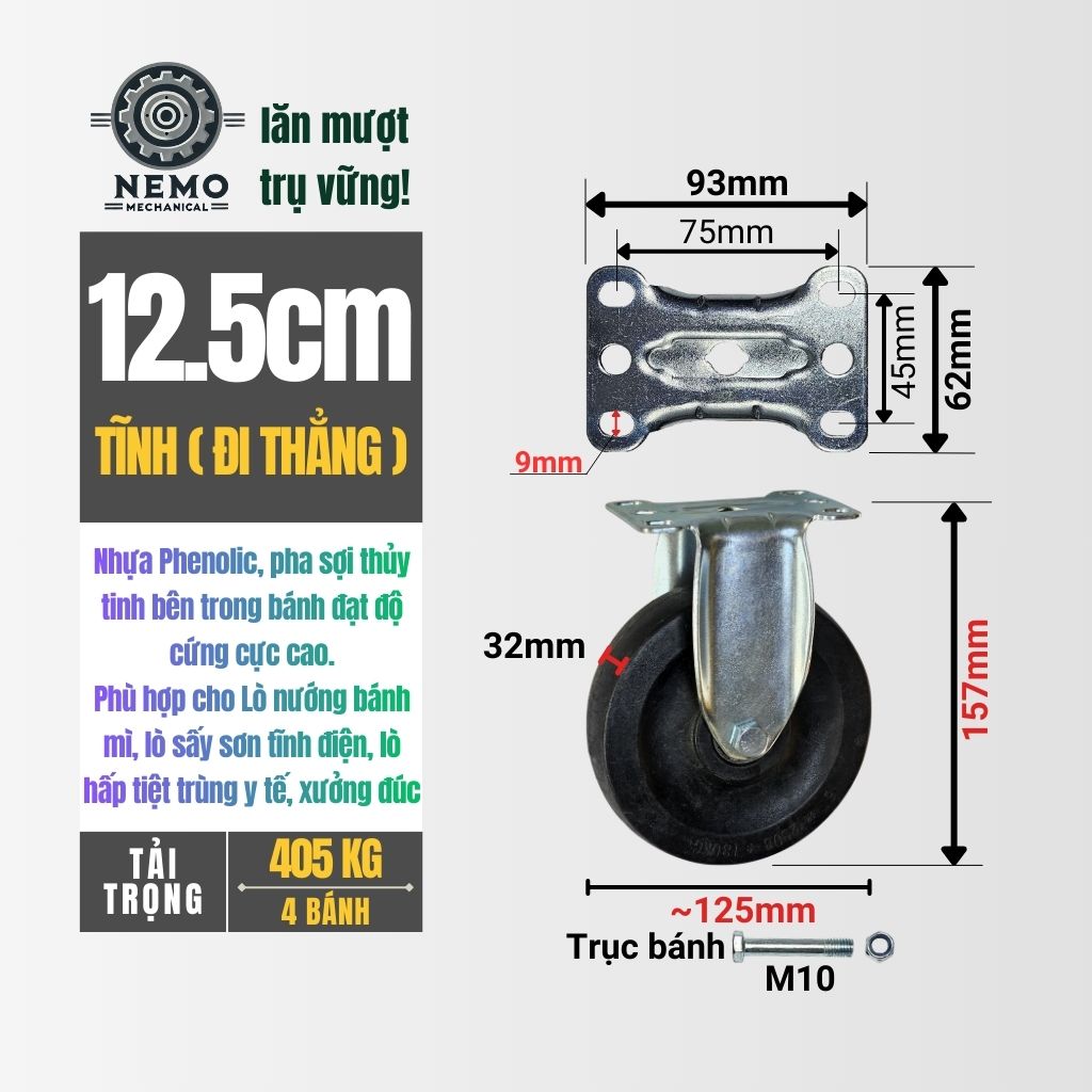 Bánh Xe Phenolic Chịu Nhiệt 280°C – Chuyên Dụng Lò Nướng, Lò Sấy (D75, D100, D125)